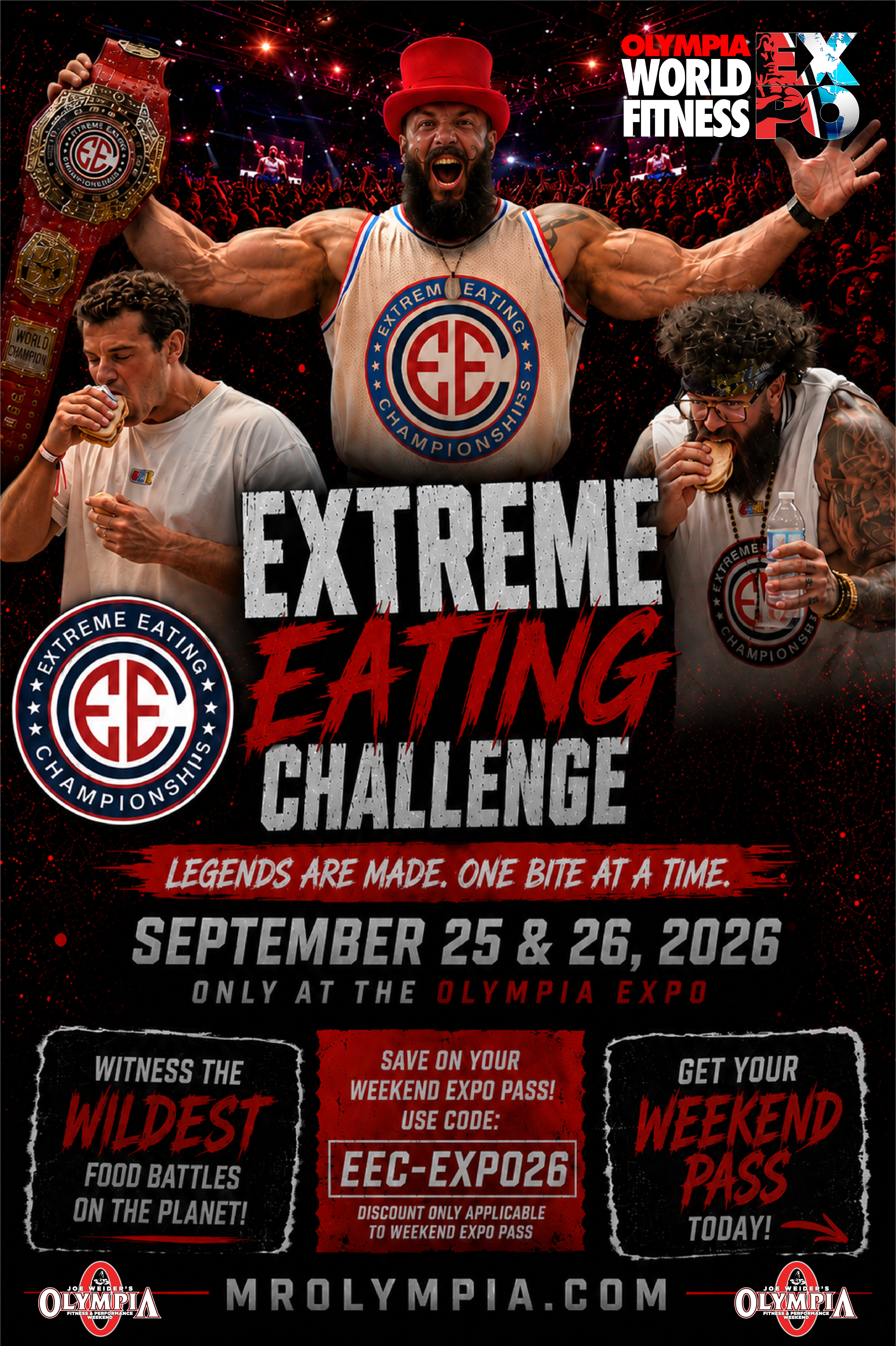 EEC Extreme Eating Challenge poster with Olympia Weekend pass code EEC-EXPO26